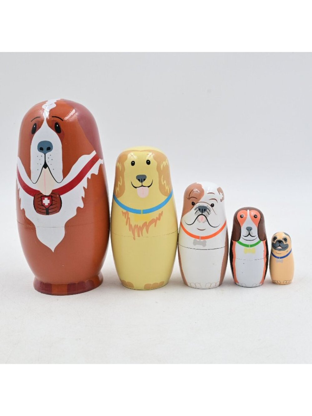 Dog Nesting Dolls Wooden Matryoshka Stacking 5 Pc Set St Bernard Bulldog Pug